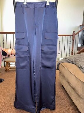 The Noli Shop Navy Satin Wide-Leg Cargo Pants